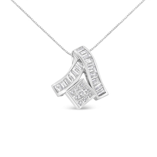 Front angled view of a white metal necklace pendant featuring two curved rows of channel-set white baguette-shaped gemstones and a central square of invisibly-set white princess-shaped gemstones on a fine chain.