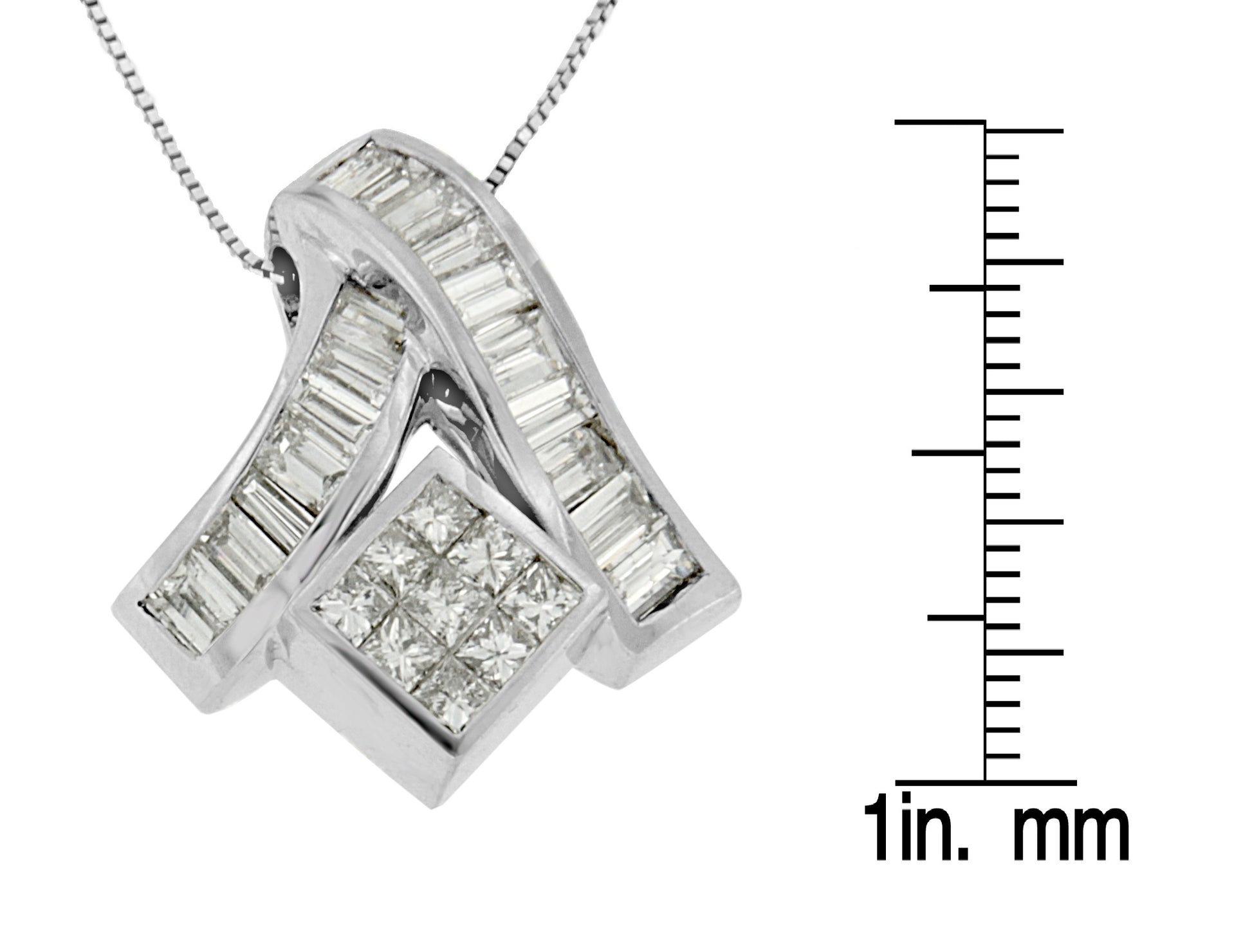Close-up angled view of a white metal necklace pendant featuring a curved design with baguette shaped white gemstones in channel setting and a cluster of princess shaped white gemstones in invisible setting, shown next to a ruler for size reference.