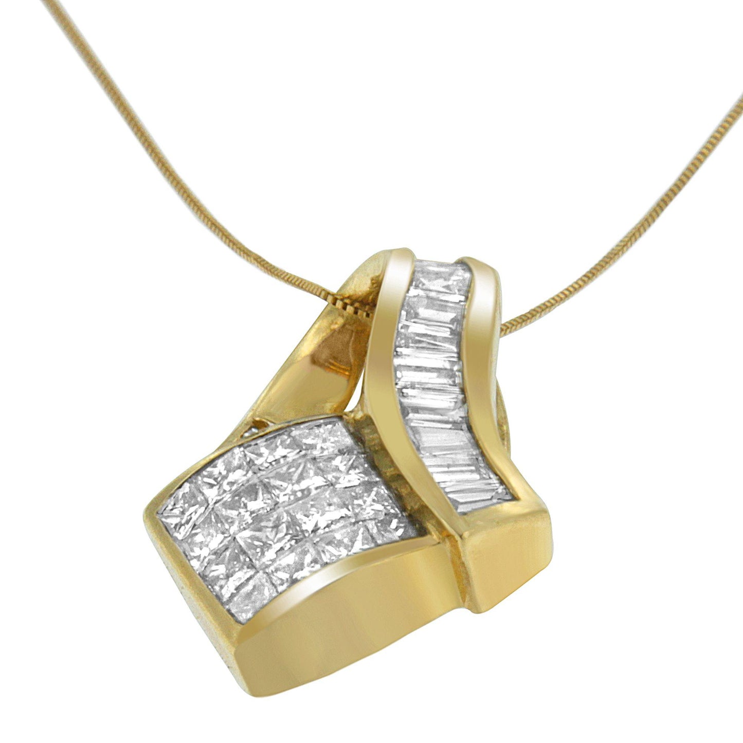 Close-up front angle of a yellow metal necklace pendant featuring two sections of white gemstones; one with baguette-shaped gemstones in a channel setting and the other with princess-shaped gemstones in an invisible setting.