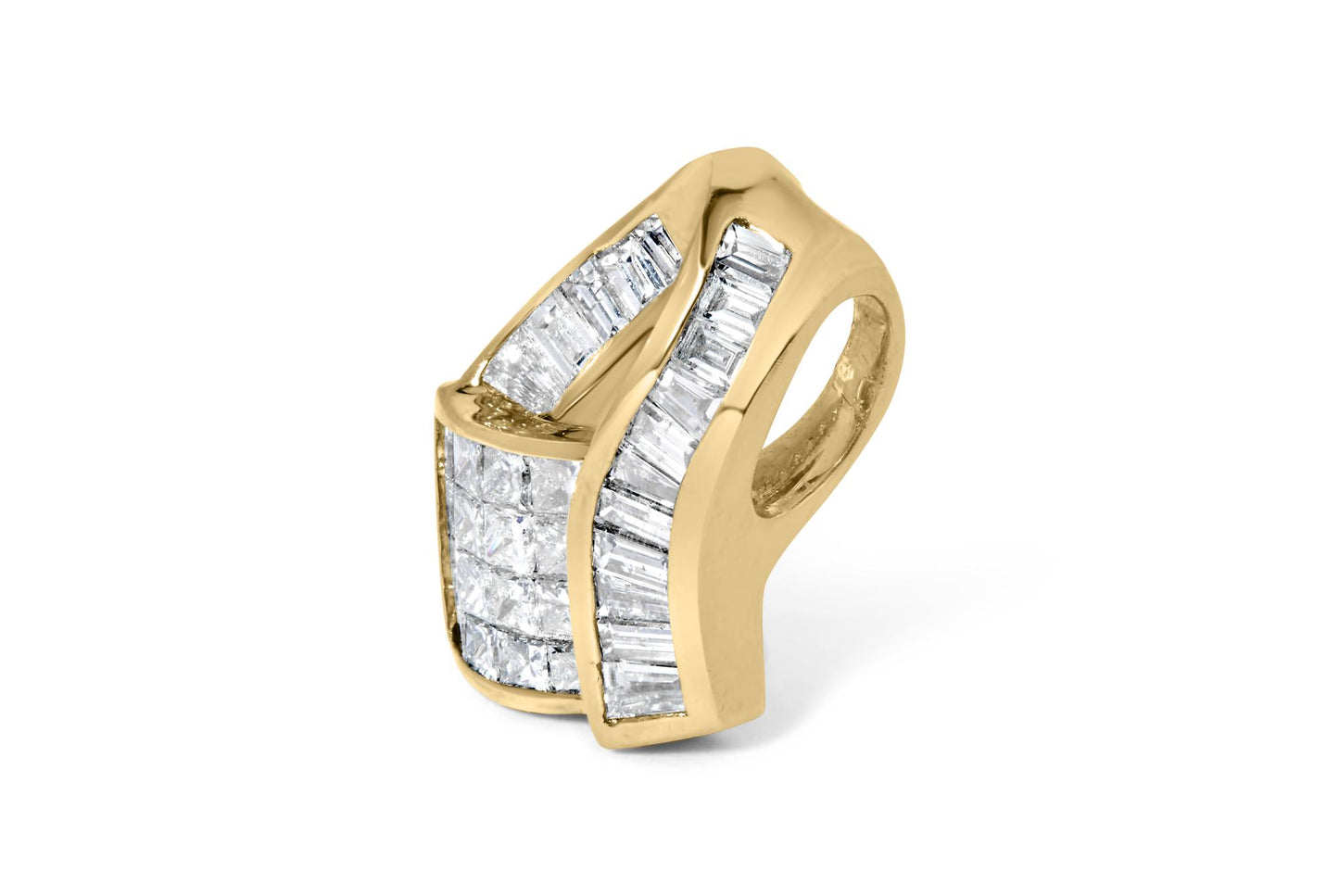 Close-up front angle of a yellow necklace pendant featuring white baguette-shaped gemstones in a channel setting and white princess-shaped gemstones in an invisible setting.