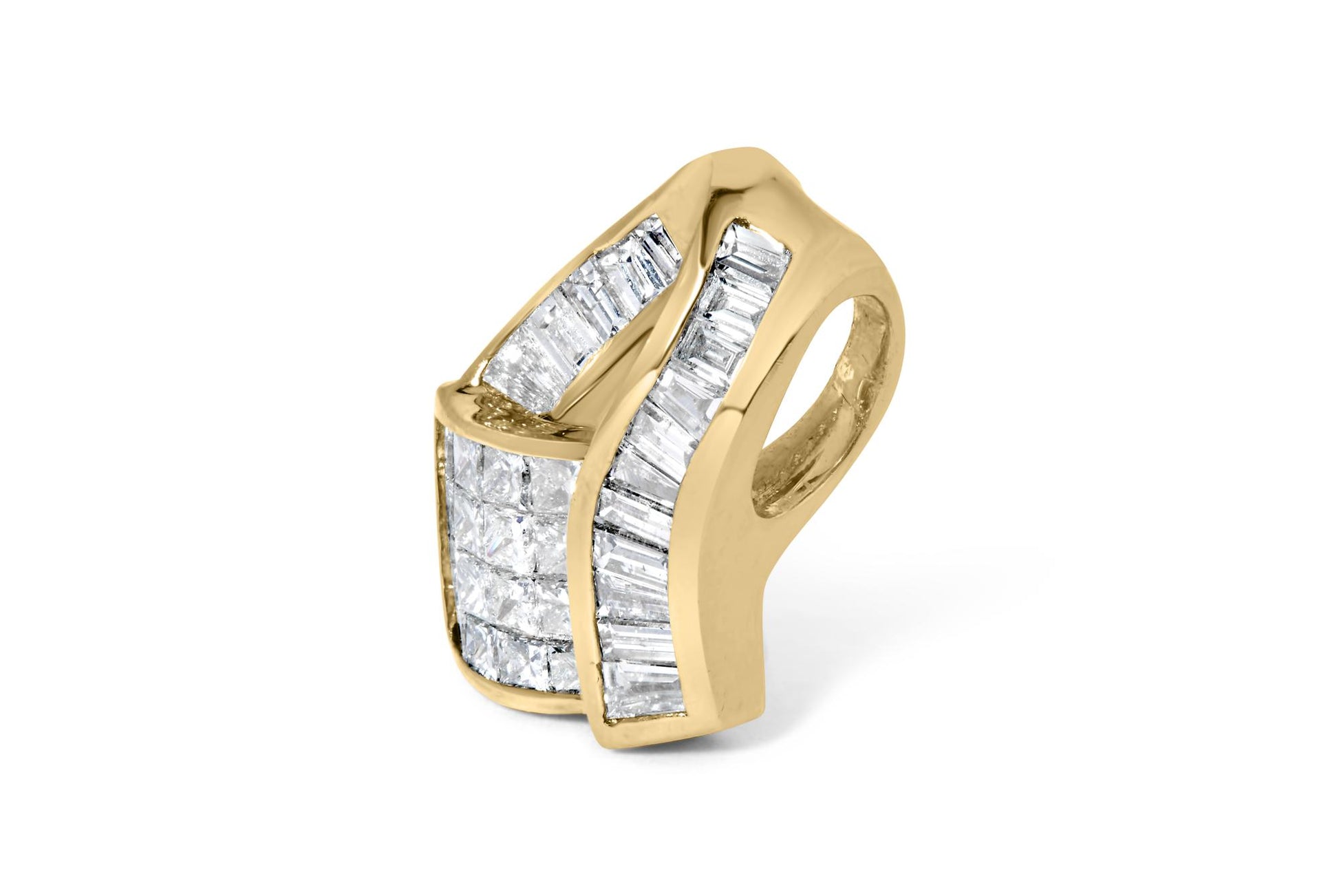 Close-up front angle of a yellow necklace pendant featuring white baguette-shaped gemstones in a channel setting and white princess-shaped gemstones in an invisible setting.