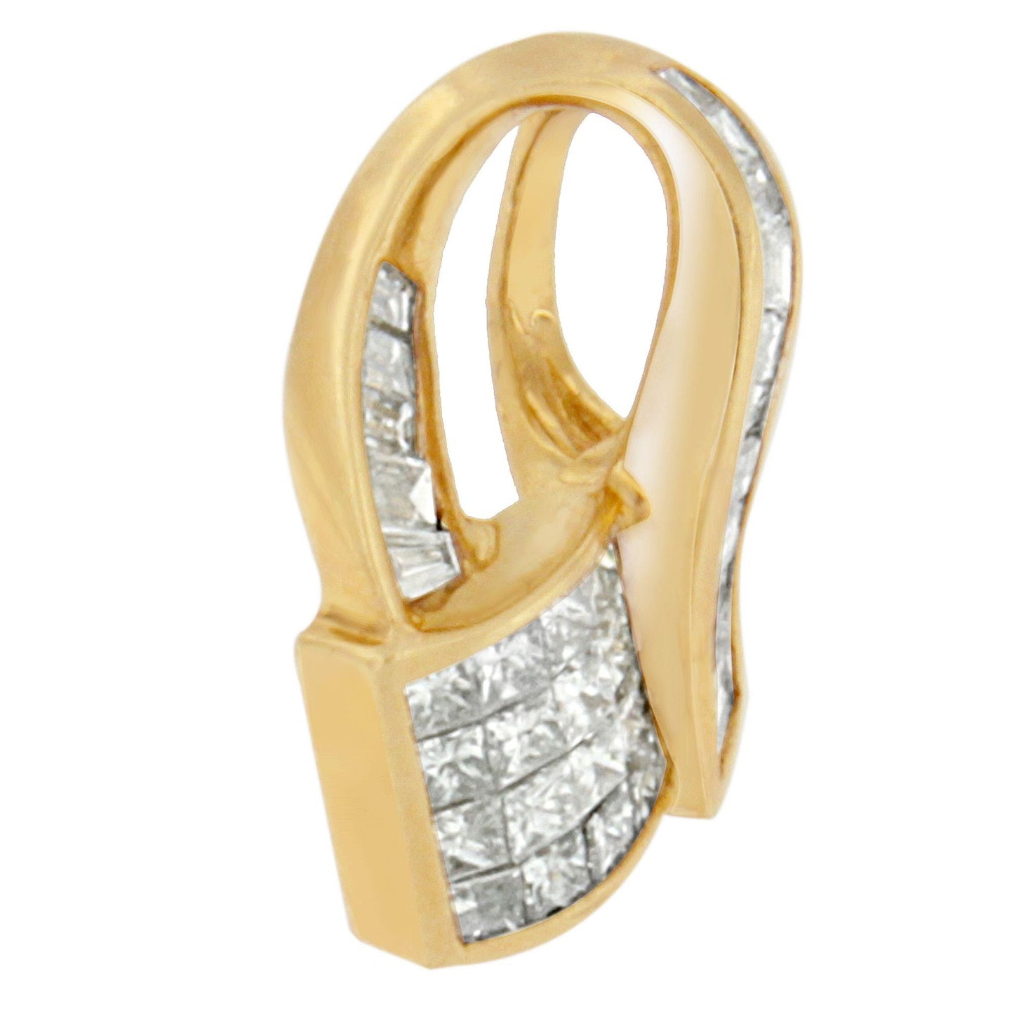 Close-up angled view of a yellow metal necklace pendant featuring white baguette-shaped gemstones in a channel setting and white princess-shaped gemstones in an invisible setting.