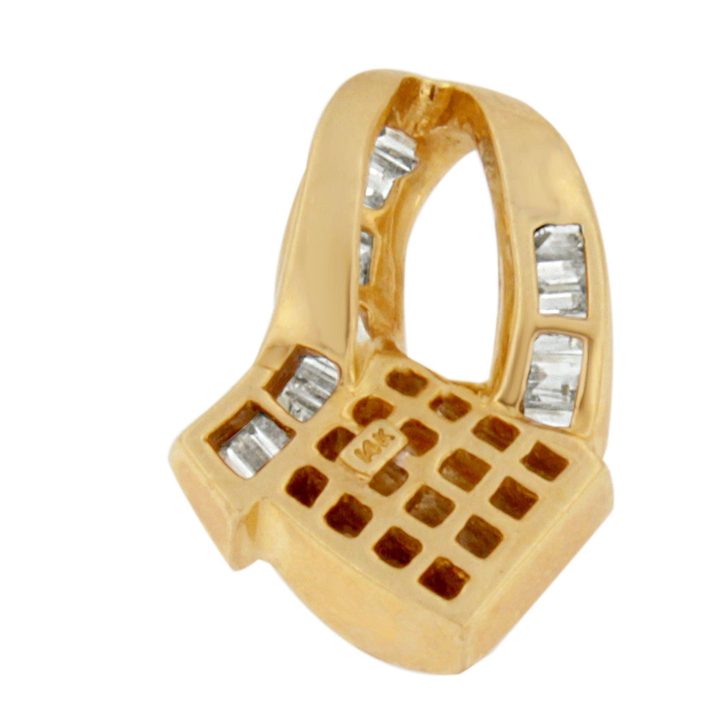 Close-up angled view of a yellow necklace pendant with white gemstones in baguette and princess shapes, showing the back side with grid-like cutouts and gemstone settings.