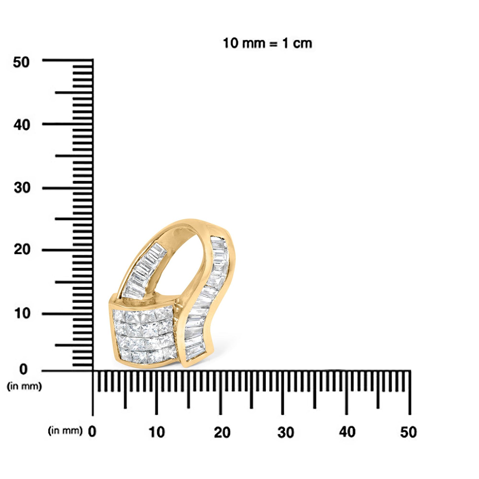 Yellow metal necklace pendant with curved design, featuring white baguette-shaped gemstones in channel setting and white princess-shaped gemstones in invisible setting, shown on a scale from a front angle.