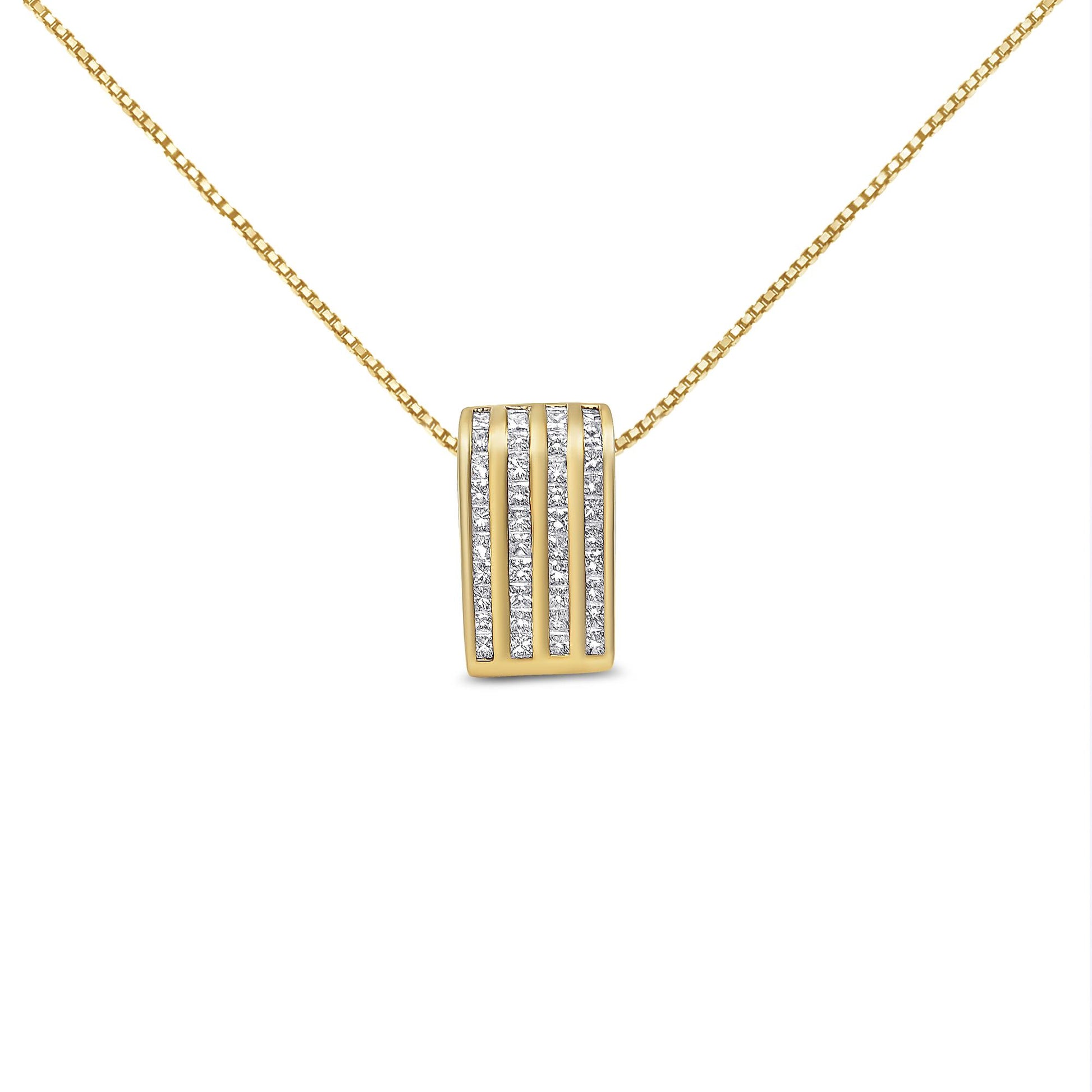 Front view of a yellow necklace with a rectangular pendant featuring four vertical rows of channel-set white princess-cut gemstones.
