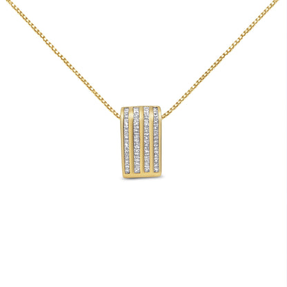 Front view of a yellow necklace with a rectangular pendant featuring four vertical rows of channel-set white princess-cut gemstones.