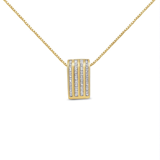 Front view of a yellow necklace with a rectangular pendant featuring four vertical rows of channel-set white princess-cut gemstones.