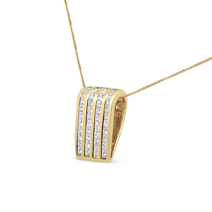 Yellow metal necklace with a curved rectangular pendant featuring four vertical rows of channel-set white princess-shaped gemstones, shown at a slight angle against a white background.