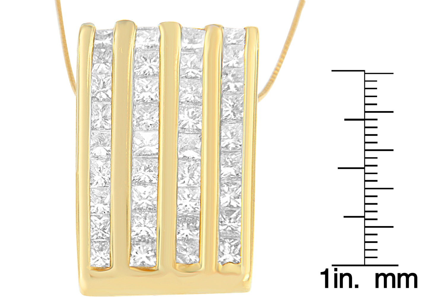 Close-up front view of a yellow metal necklace pendant featuring four vertical rows of square white gemstones in a channel setting, shown with a ruler for size reference.