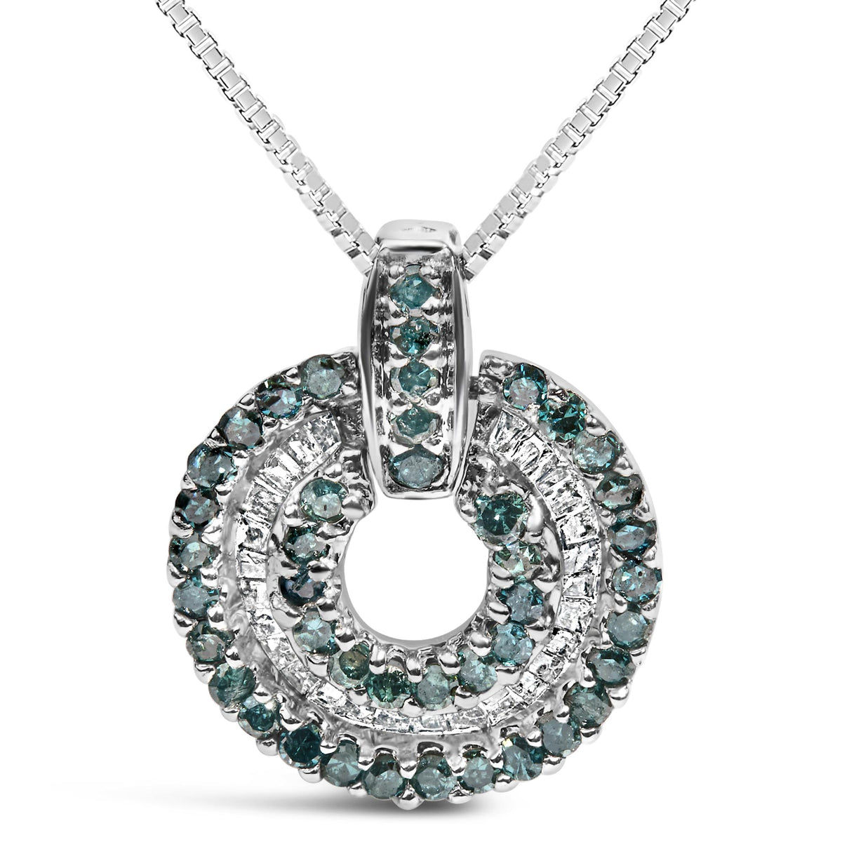 Close-up front view of a white metal necklace pendant featuring circular loops adorned with prong-set blue gemstones and channel-set white baguette-shaped gemstones.
