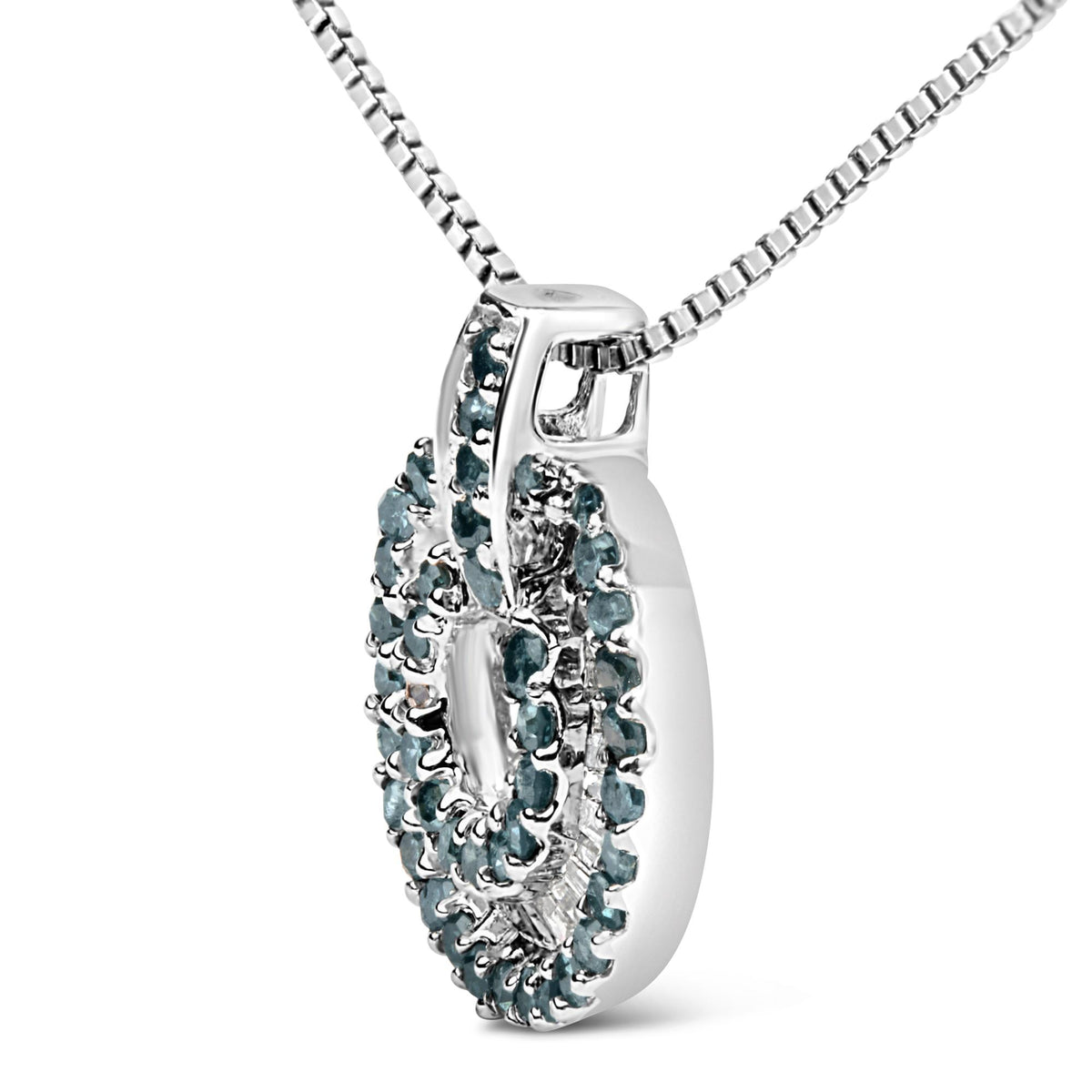 Close-up front angle of a white metal necklace pendant featuring round blue gemstones in prong settings surrounded by white baguette gemstones in channel settings, shown on a white background.