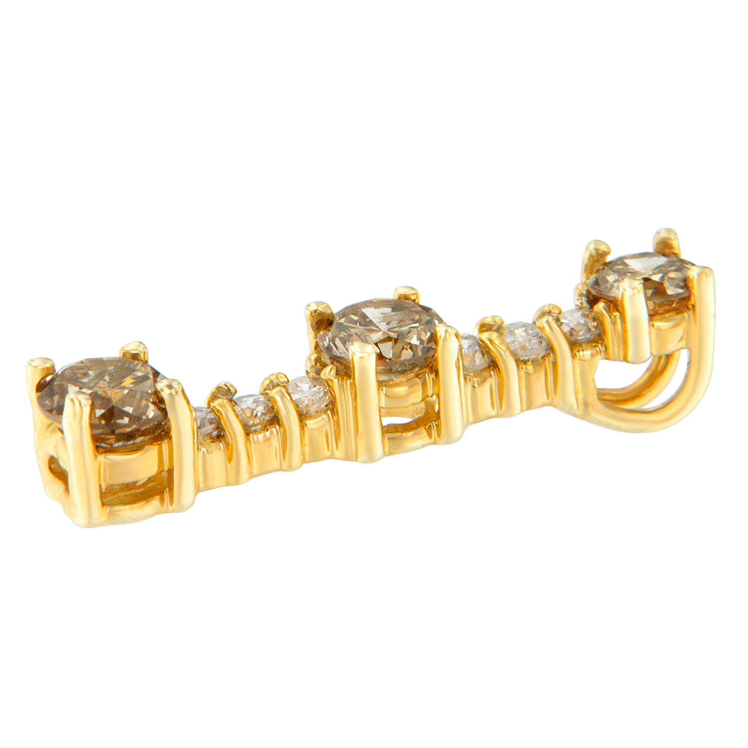 Close-up side angle of a yellow metal necklace pendant featuring round prong-set white and champagne-colored gemstones.