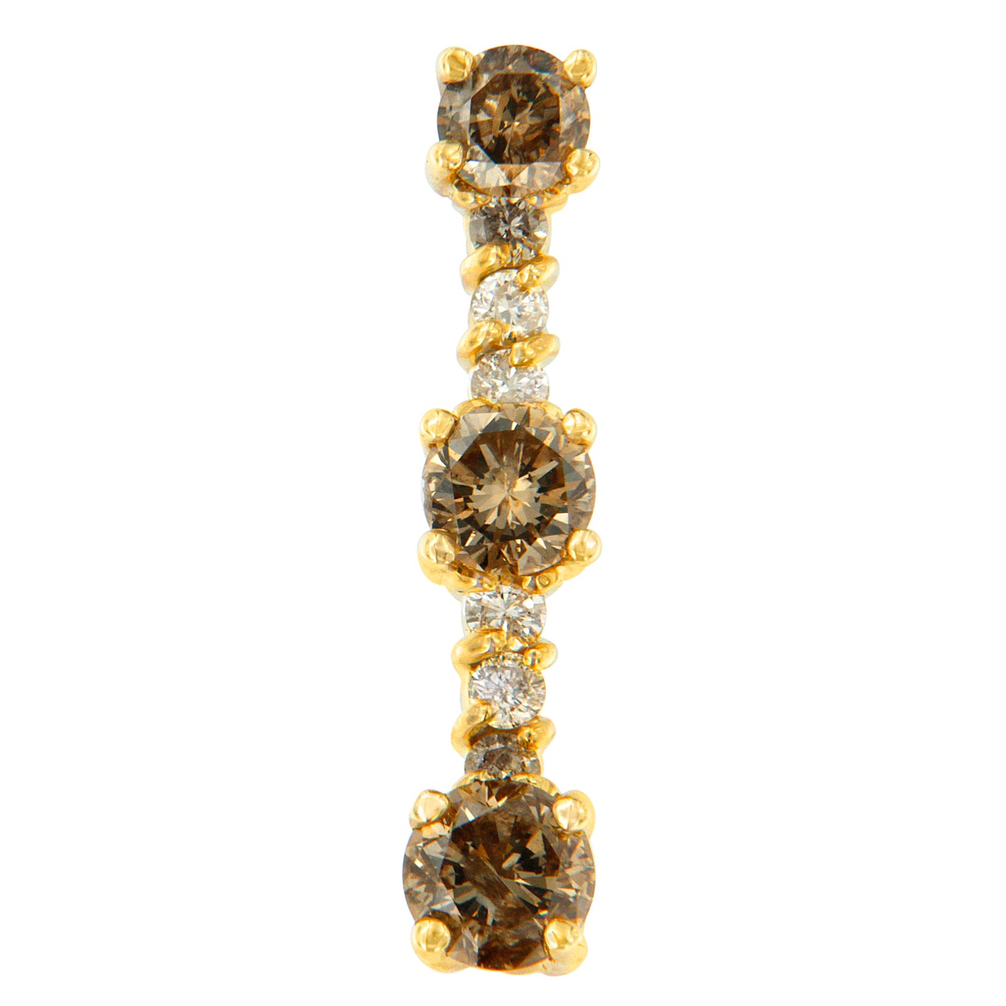 Close-up front view of a vertical yellow necklace pendant featuring alternating round prong-set champagne and white gemstones.