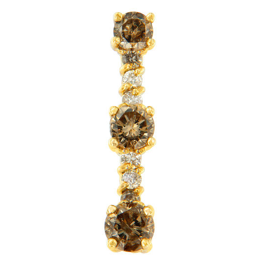 Close-up front view of a vertical yellow necklace pendant featuring alternating round prong-set champagne and white gemstones.