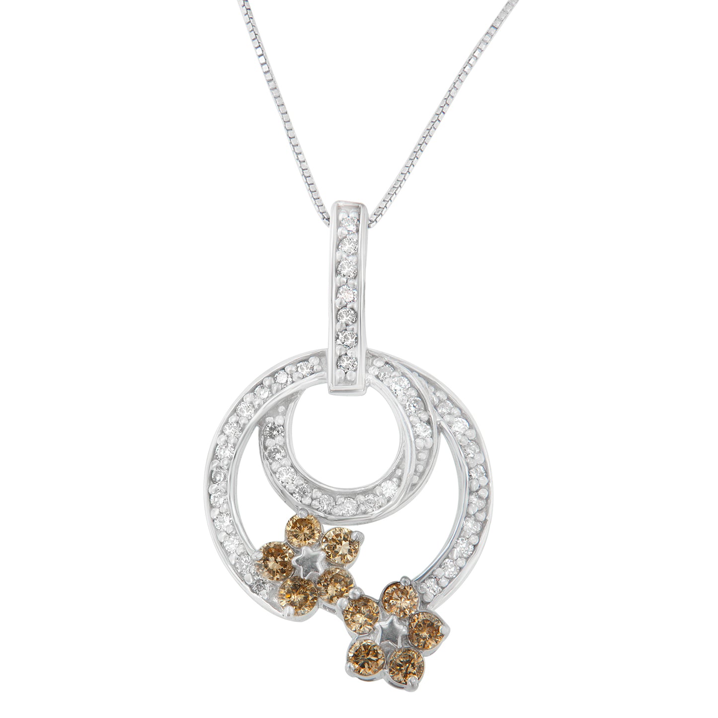Front-facing image of a white metal necklace pendant featuring two interlocking circular frames adorned with white gemstones and accented with two cluster floral shapes set with champagne gemstones, shown on a chain.