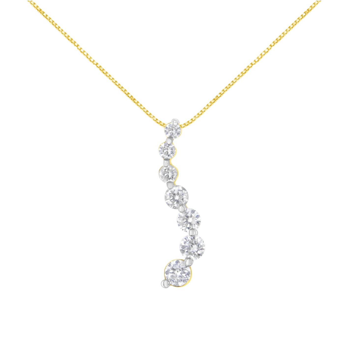 Front view of a yellow metal necklace with a pendant featuring a curved row of white round gemstones in prong settings.