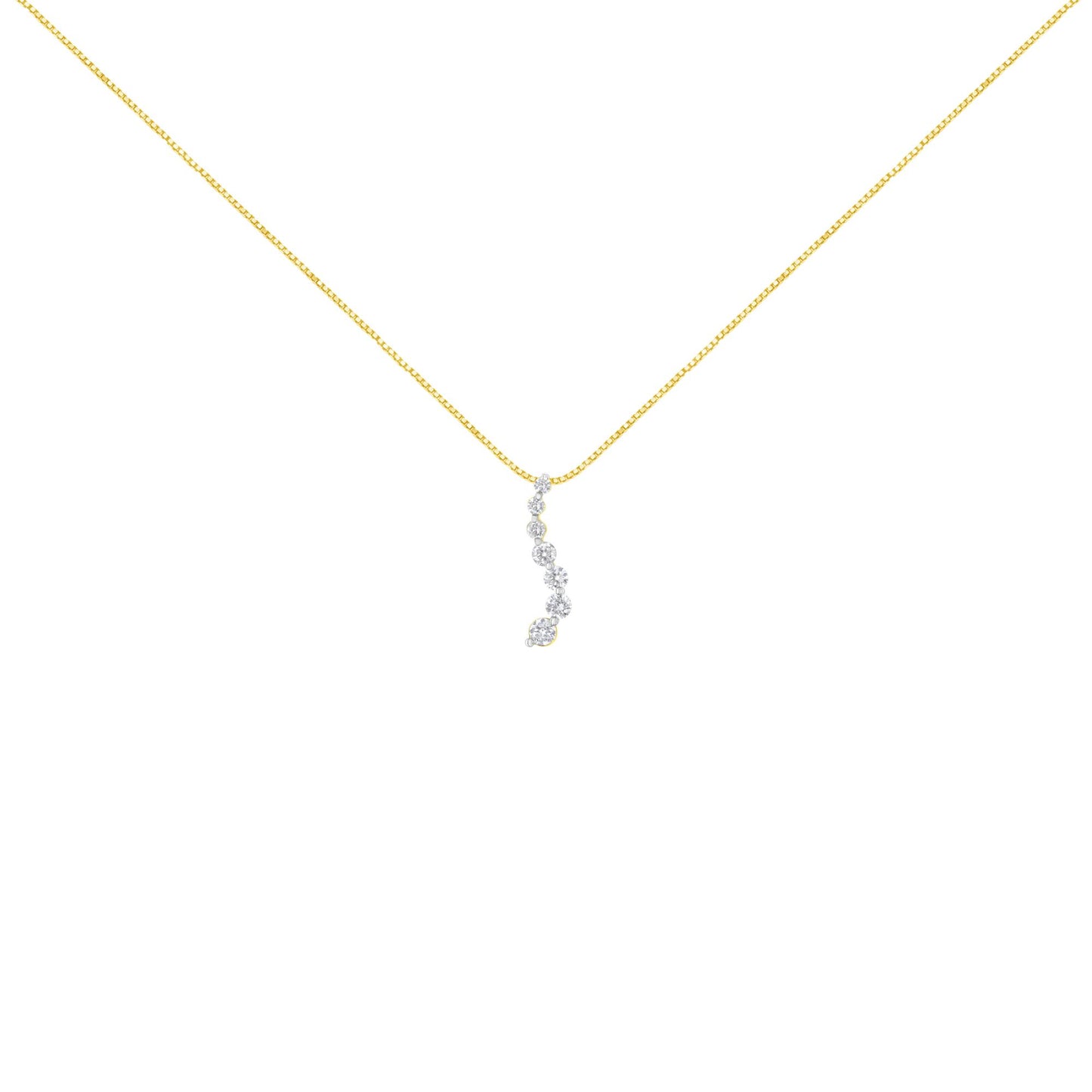 Front-facing shot of a yellow metal necklace with a vertical pendant featuring round white gemstones in prong settings.