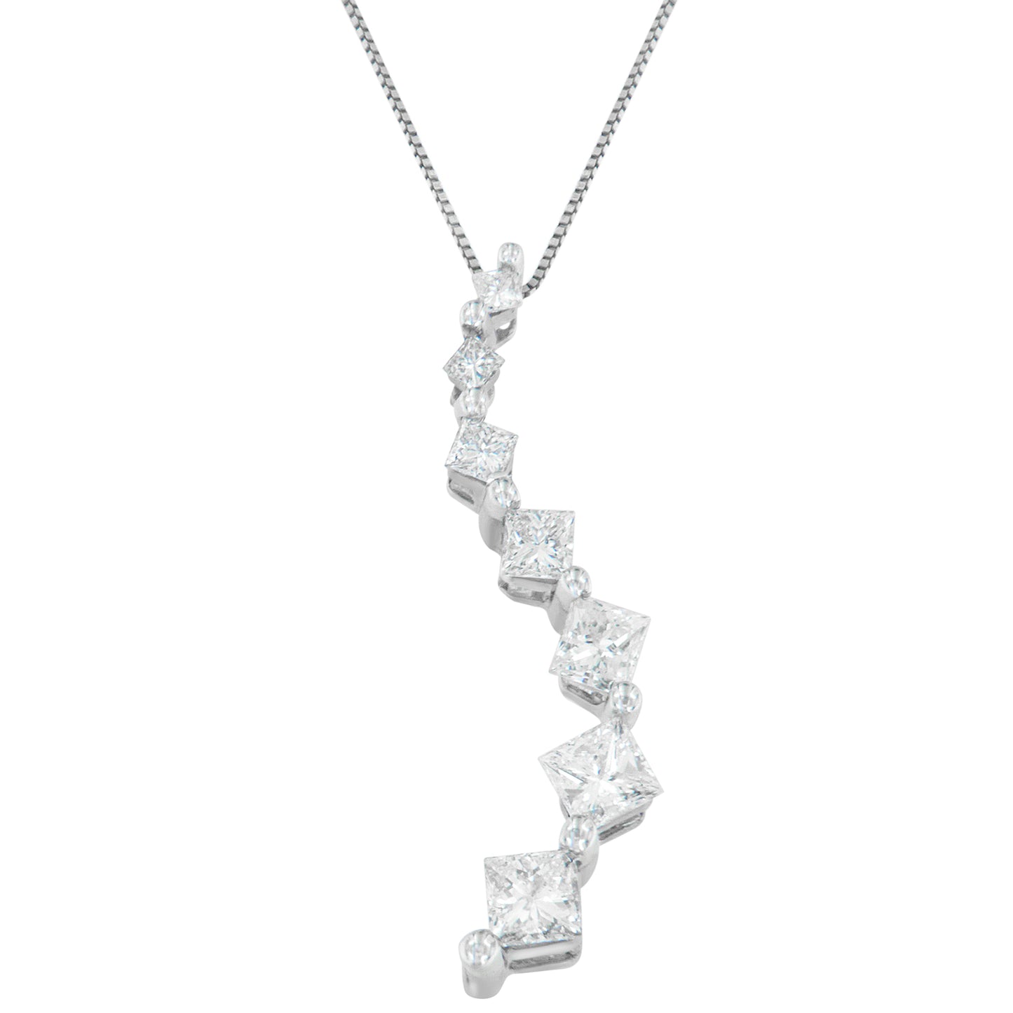 White metal necklace with a vertically aligned pendant featuring princess shape white gemstones in prong settings, photographed from the front on a white background.
