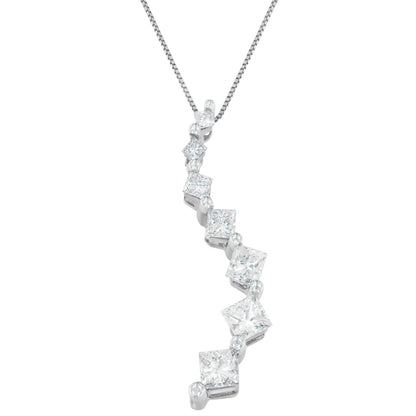 White metal necklace with a vertically aligned pendant featuring princess shape white gemstones in prong settings, photographed from the front on a white background.