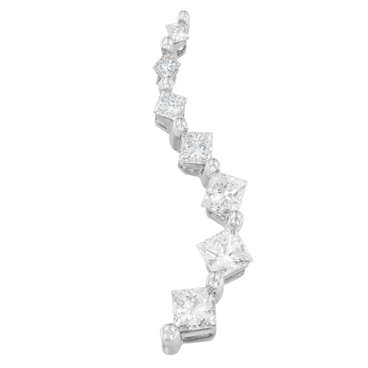Close-up angled view of a white necklace featuring princess shape white gemstones in prong settings arranged along a curved line.