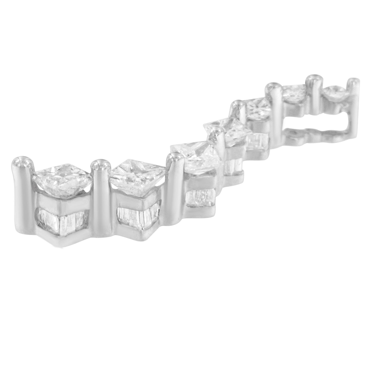 Close-up angled view of a white necklace featuring alternated princess-shaped gemstones set with prongs and baguette-shaped gemstones set in a channel.