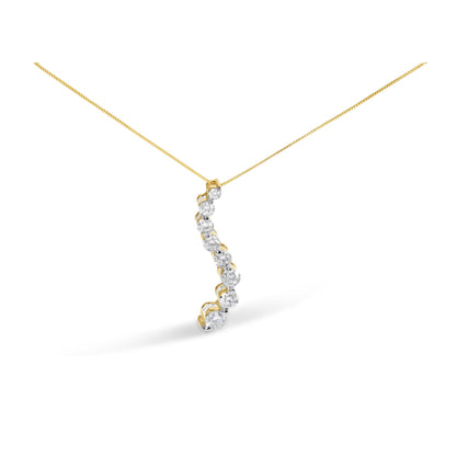 Yellow metal necklace with a curved pendant featuring round prong-set white gemstones, shot from a slight side angle on a white background.