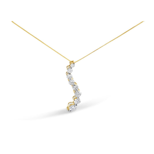 Yellow metal necklace with a curved pendant featuring round prong-set white gemstones, shot from a slight side angle on a white background.