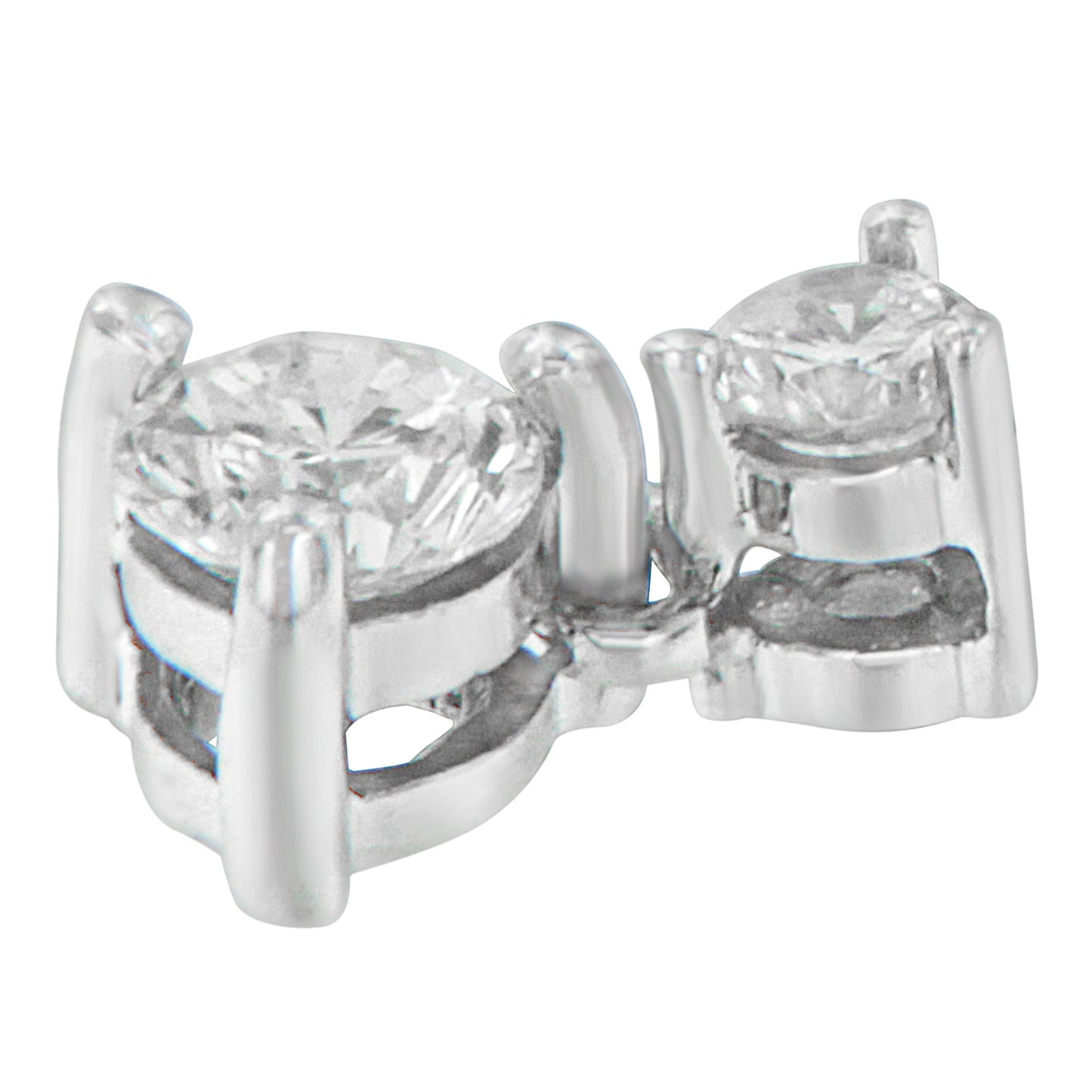 Close-up angled view of a white metal necklace pendant featuring two round white gemstones in prong settings.