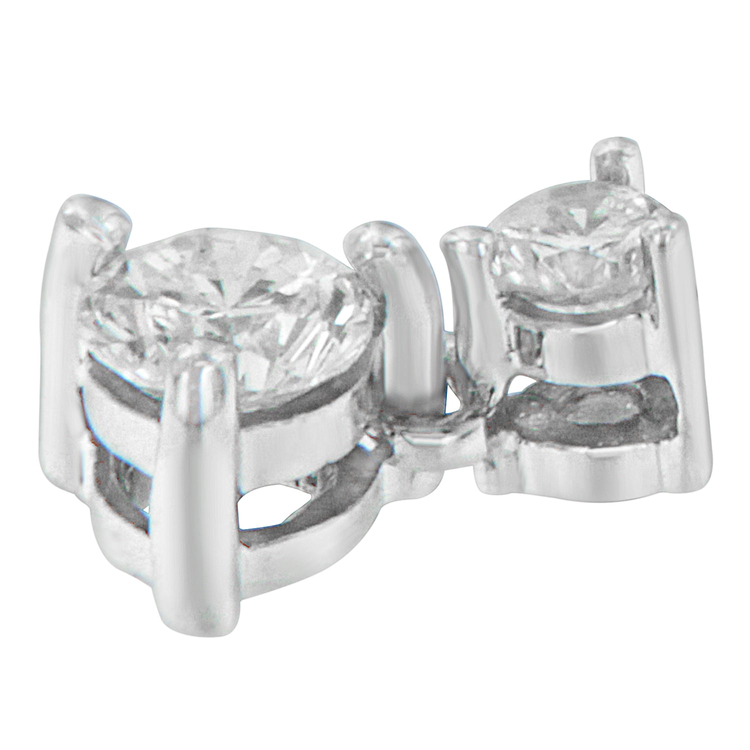 Close-up angled view of a white metal necklace pendant featuring two round white gemstones in prong settings.