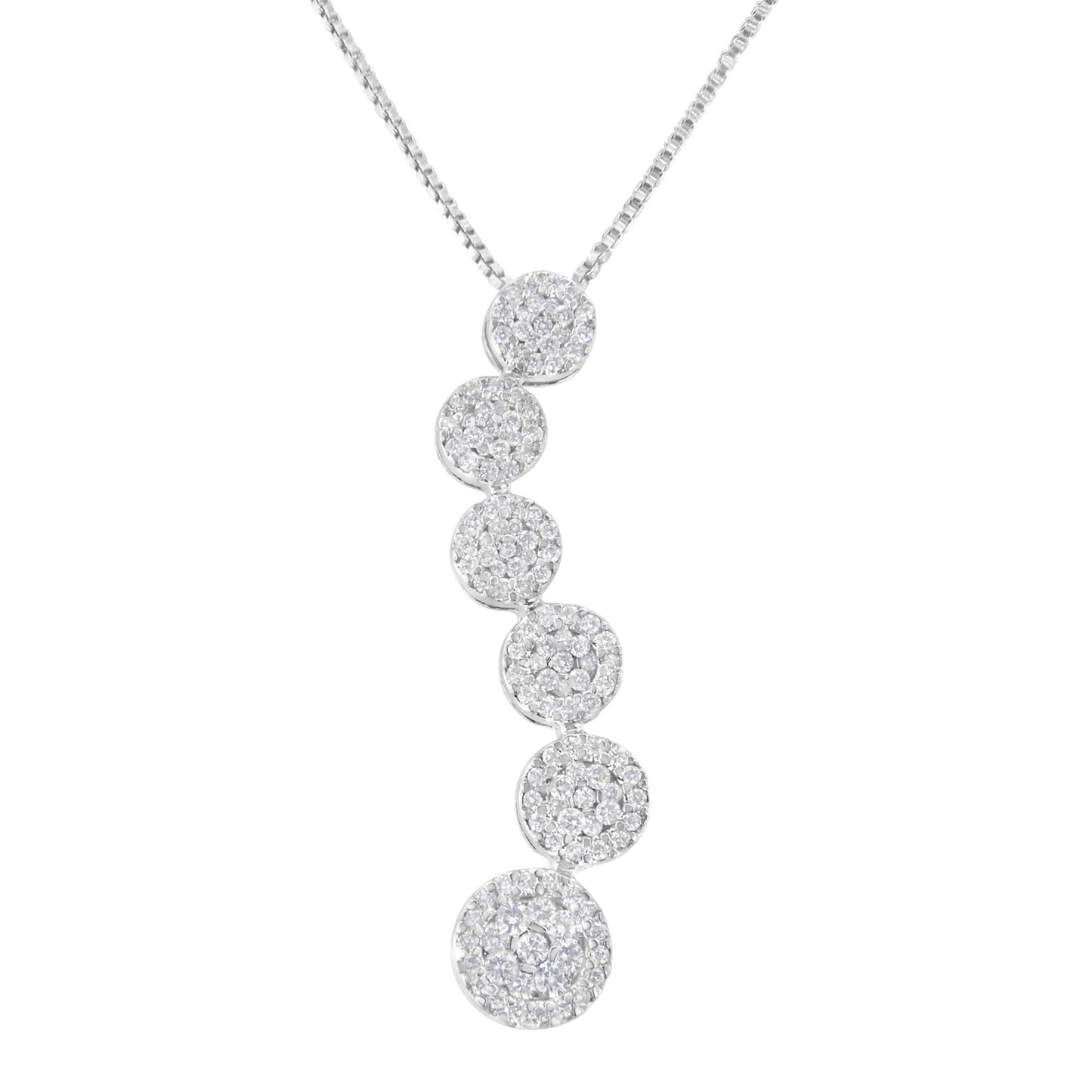 Front angle shot of a white metal necklace featuring a vertical row of round pave-set white gemstones in circular settings.