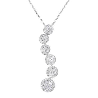 Front angle shot of a white metal necklace featuring a vertical row of round pave-set white gemstones in circular settings.