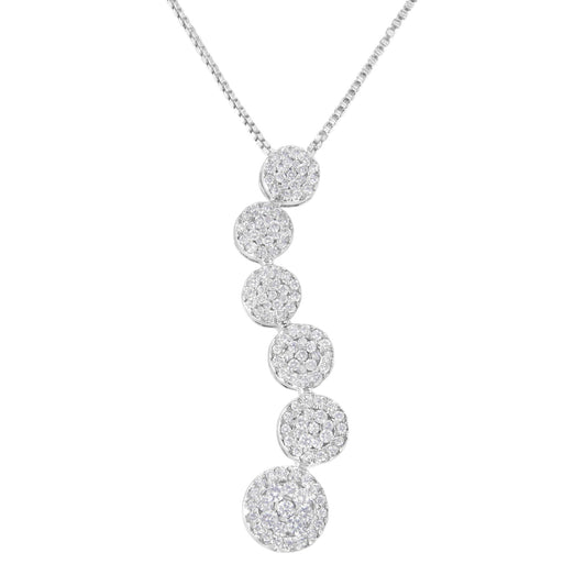 Front angle shot of a white metal necklace featuring a vertical row of round pave-set white gemstones in circular settings.
