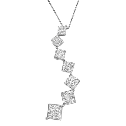 Pendant necklace with a vertical row of connected white metal squares set with multiple white gemstones in a channel setting, shown in a close-up front angle.