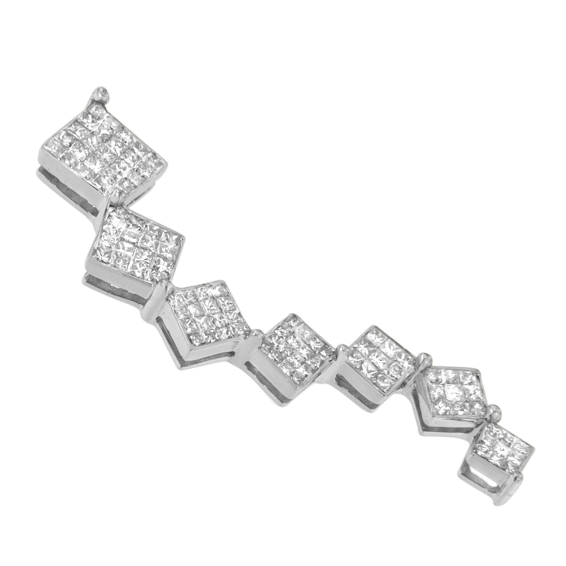 Close-up front angle of a white metal necklace featuring a zigzag pattern of connected square sections with channel-set white gemstones.