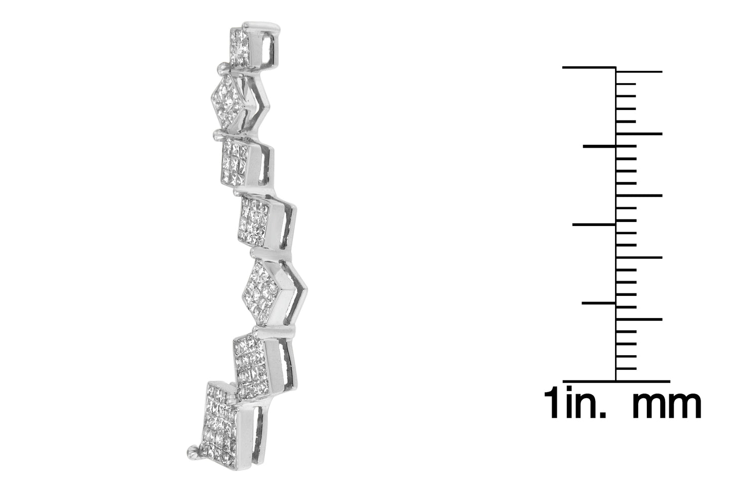 Side angle view of a white necklace with alternating square and diamond-shaped settings set with multiple small white gemstones, displayed next to a ruler for size reference.