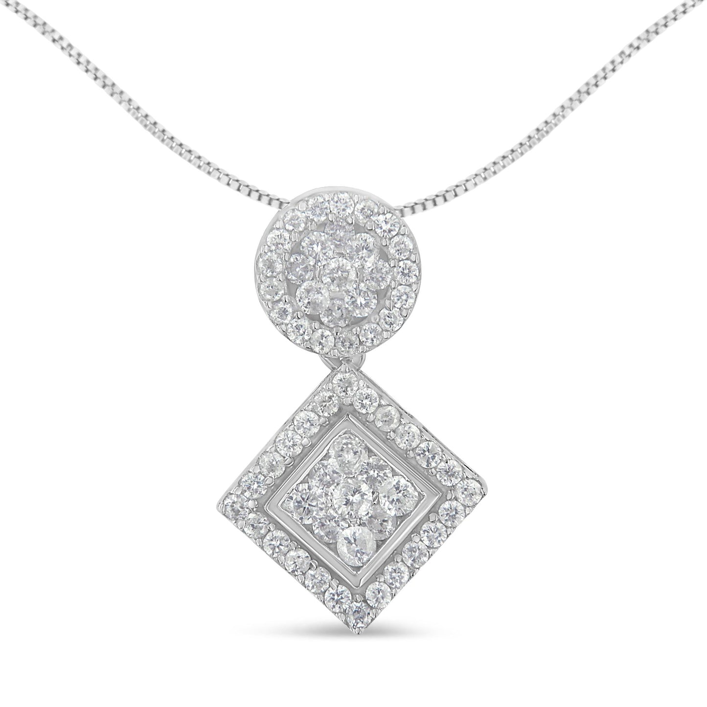 Front view of a white metal necklace with a pendant featuring two geometric shapes, a circle above a tilted square, both adorned with prong-set white round gemstones.