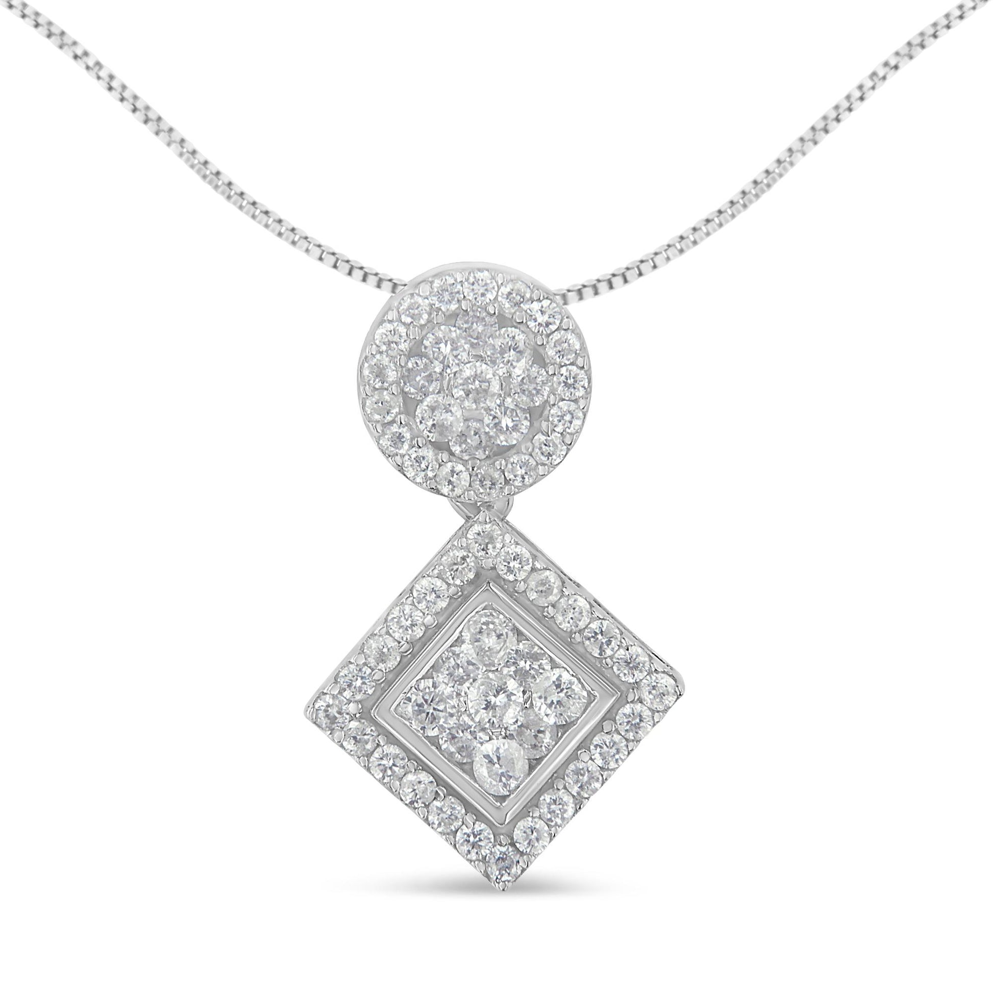 Front view of a white metal necklace with a pendant featuring two geometric shapes, a circle above a tilted square, both adorned with prong-set white round gemstones.