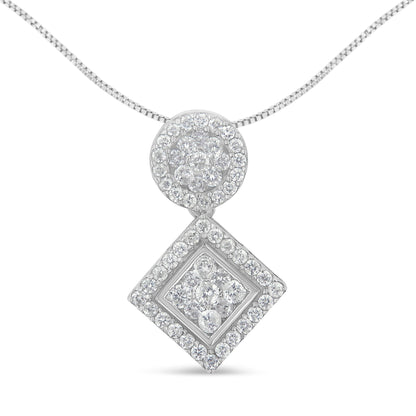 Front view of a white metal necklace with a pendant featuring two geometric shapes, a circle above a tilted square, both adorned with prong-set white round gemstones.