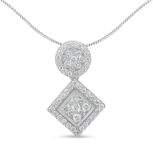 Front view of a white metal necklace with a pendant featuring two geometric shapes, a circle above a tilted square, both adorned with prong-set white round gemstones.