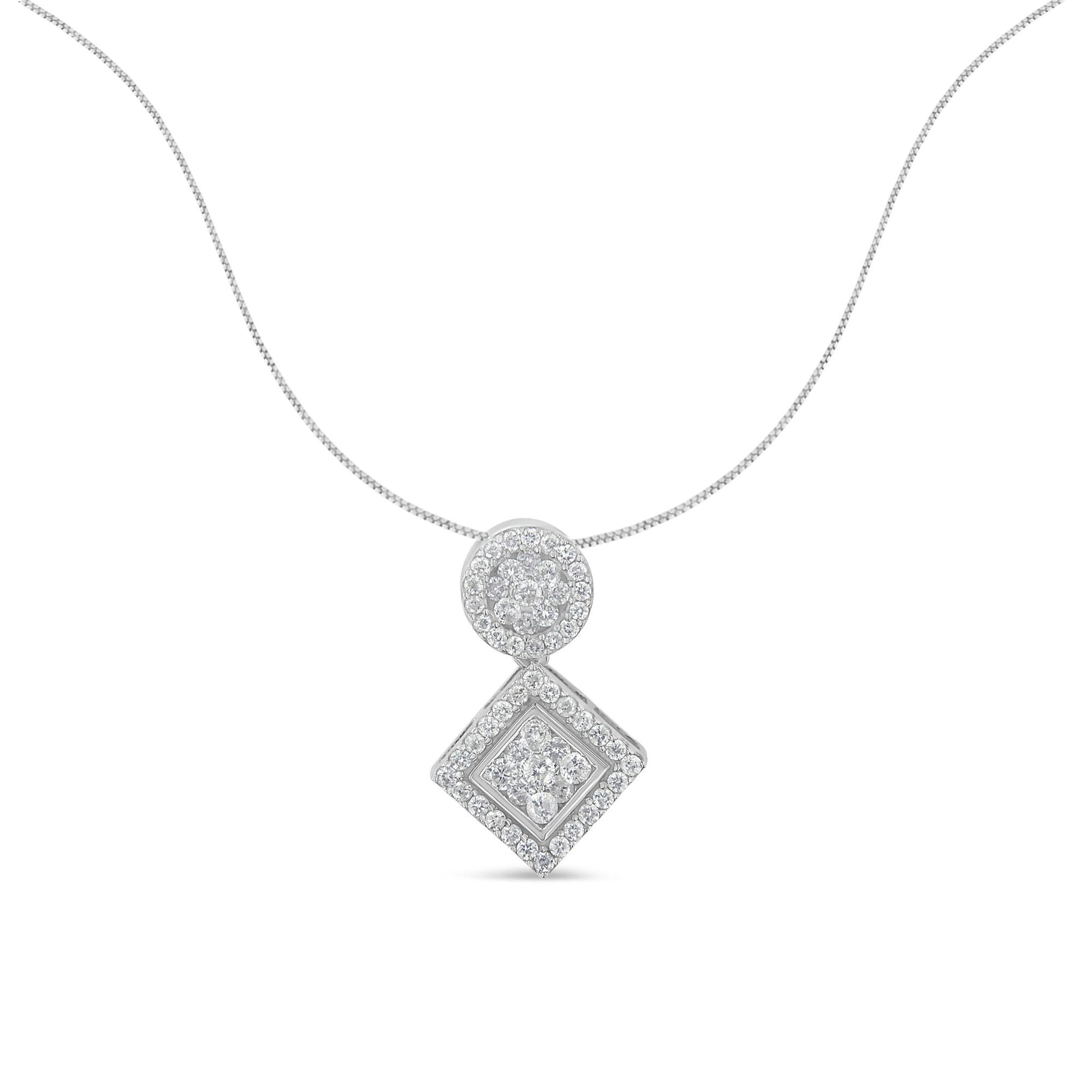 Front view of a white necklace with a pendant featuring round white gemstones in prong settings arranged in circular and diamond shapes.
