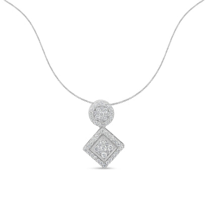 Front view of a white necklace with a pendant featuring round white gemstones in prong settings arranged in circular and diamond shapes.