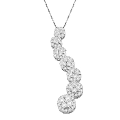White metal necklace with seven round clusters of white gemstones in pave setting, shown in a close-up front angle.