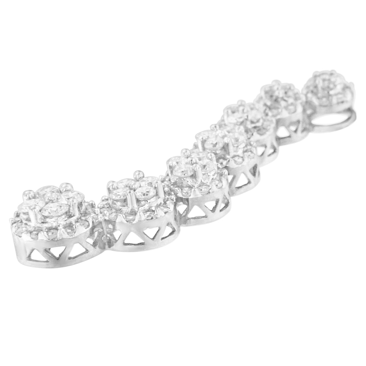 White metal necklace with round pave set white gemstones, shot from a low side angle.