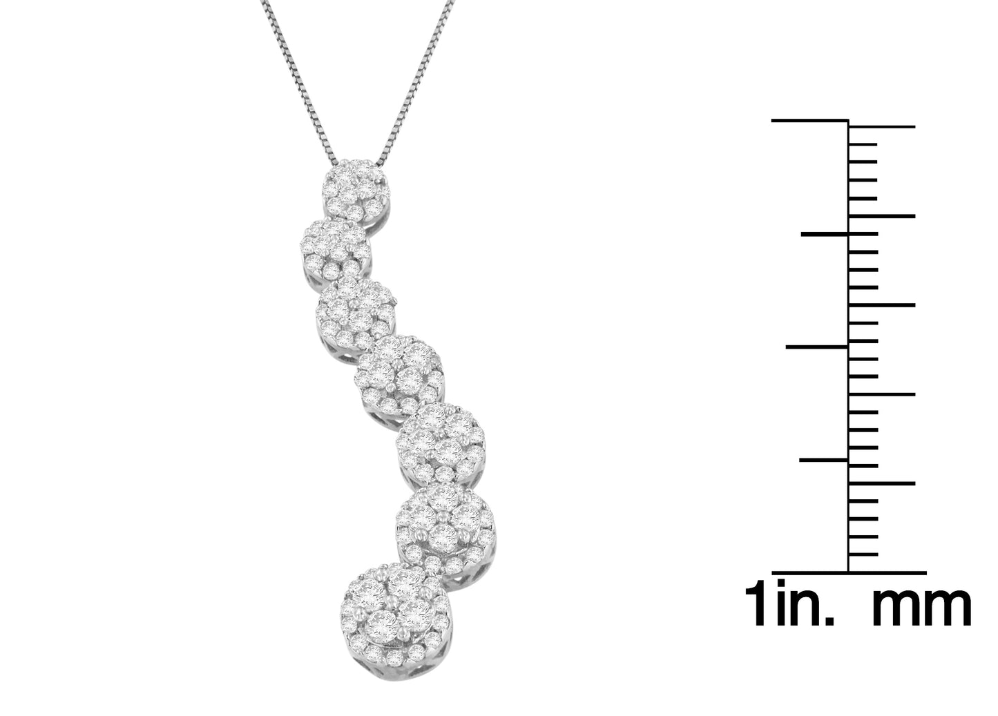 White metal necklace with seven round clusters of white gemstones in pave setting, shown hanging next to a ruler for size reference, front-facing angle.