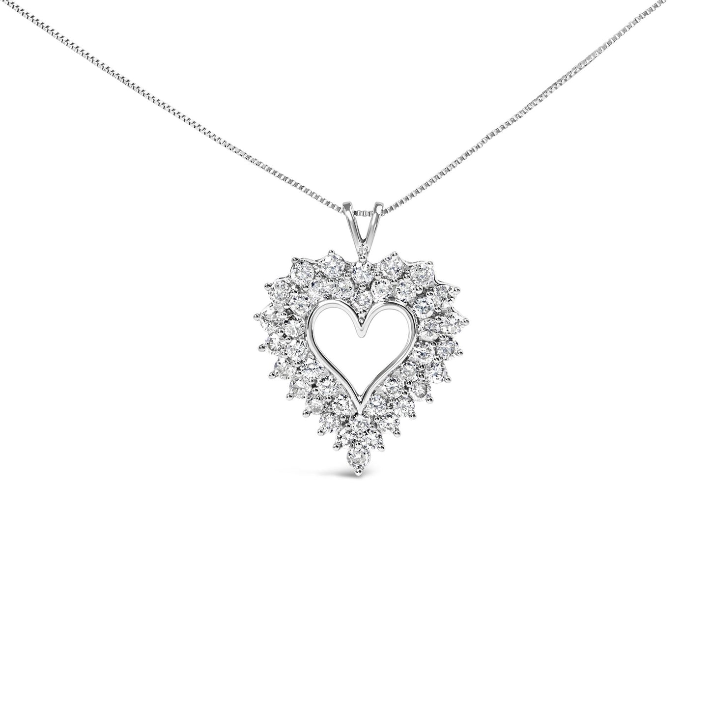 Front view of a white metal heart-shaped necklace pendant with round prong-set white gemstones surrounding an empty heart center, hanging from a thin chain.