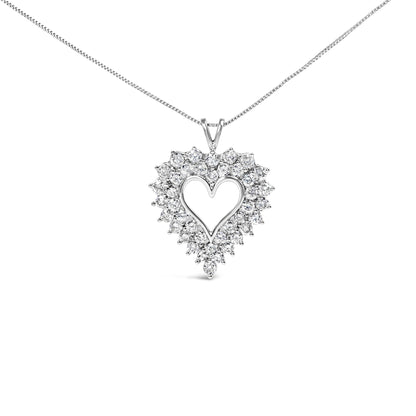 Front view of a white metal heart-shaped necklace pendant with round prong-set white gemstones surrounding an empty heart center, hanging from a thin chain.