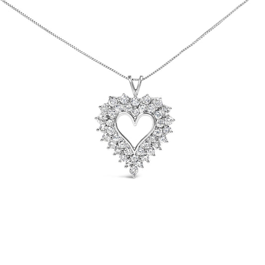 Front view of a white metal heart-shaped necklace pendant with round prong-set white gemstones surrounding an empty heart center, hanging from a thin chain.