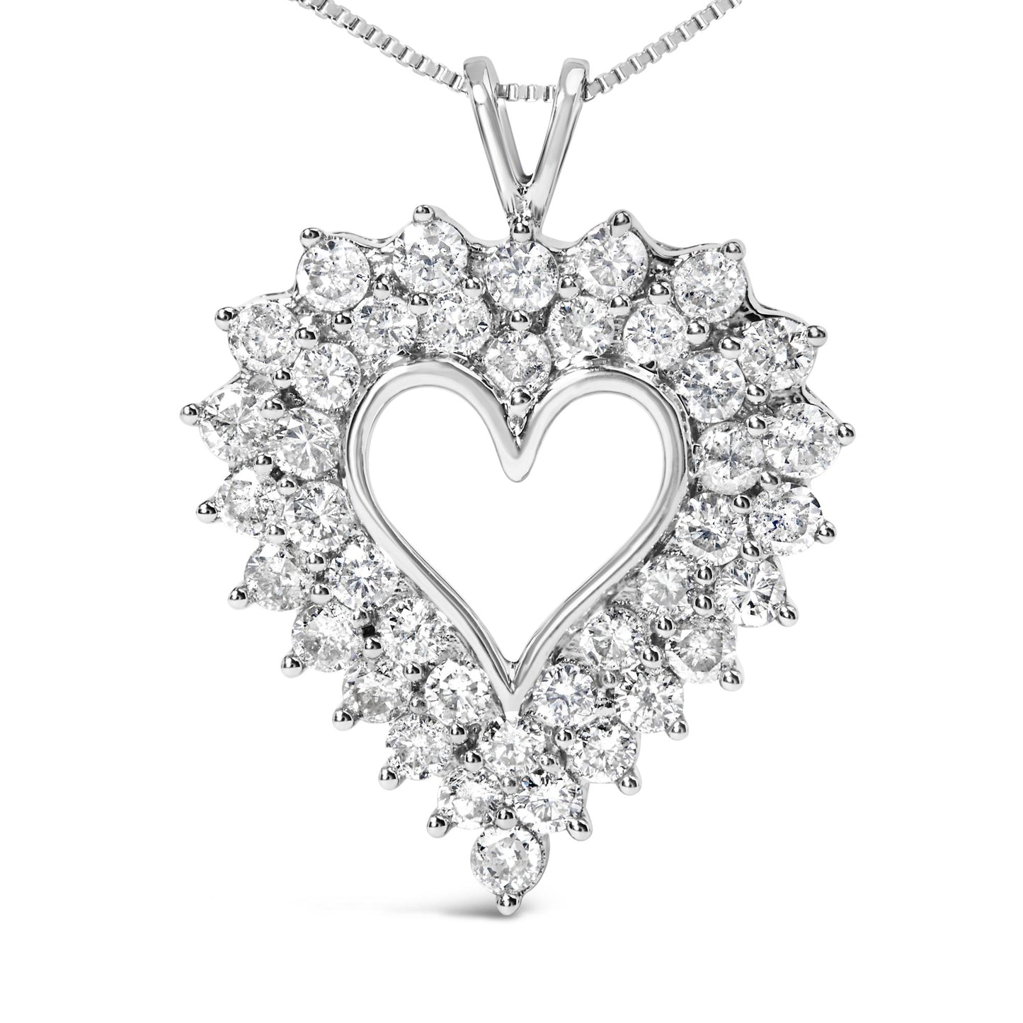Front-facing view of a white metal heart-shaped necklace pendant adorned with round white gemstones in prong settings around the outline, with baguette white gemstones in channel settings forming the inner design.