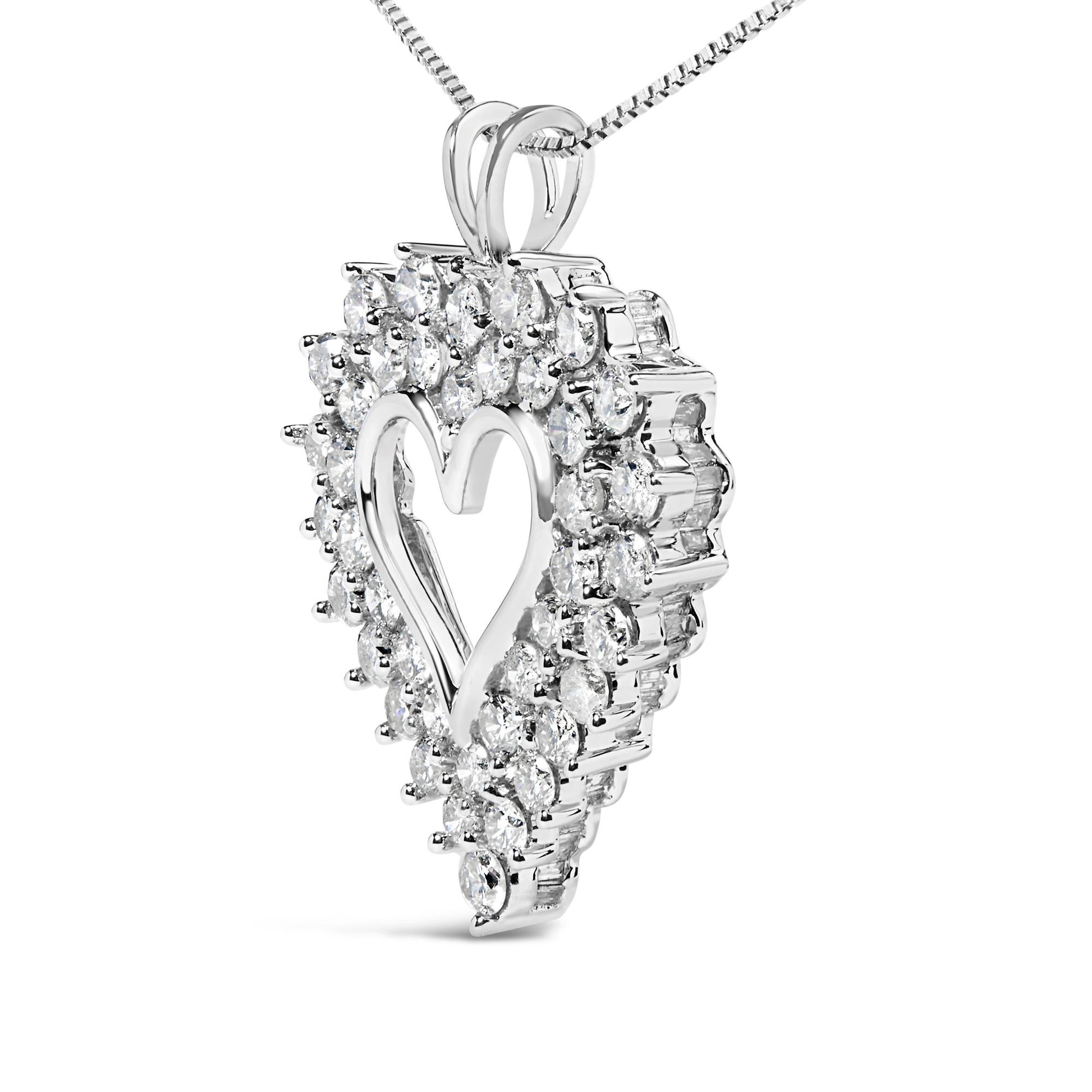 Pendant necklace with a white metal heart design surrounded by round and baguette white gemstones, shown in a close-up angled view.