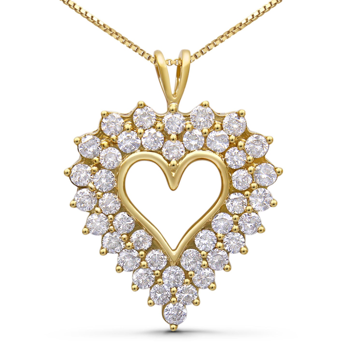 Front-facing view of a yellow metal heart-shaped pendant necklace with round white gemstones set in prong and channel settings creating a double heart outline.